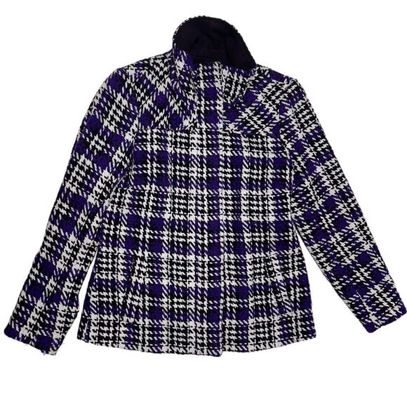 Tribal Wool Blend Coat Purple White Plaid Houndstooth Patterned Winter Jacket - Picture 1 of 10